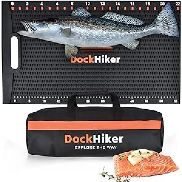 Dockhiker Fischfilet-Matte mit 2 Fischlinealen, Aufkleber und Aufbewahrungstasche, rutschfeste Fischreinigungsmatte, tragbares Fischschneidebrett, Griffe für einfaches Filetieren und Fischmessbrett,