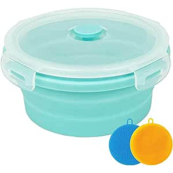 CARTINTS Small Collapsible Silicone Food Bowl, Collapsible Camping Bowl for Travel, Camping, Hiking, with Airtight Plastic Lids and 2 Pack Silicone Sponges, Blue, 350ml