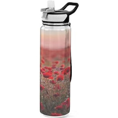 Fustylead Red Poppies Field 900 ml ūdens pudeles bez BPA, necaurlaidīga Tritan sporta ūdens pudele ar salmiņiem sporta zālei, fitnesam, skriešanai