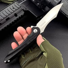 Omesio Folding Knife with Belt Clip, Outdoor Knife Folding Knife D2 Steel with G10 Handle, Extra Sharp Survival Pocket Knife, Black