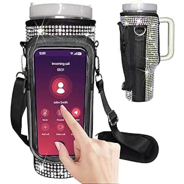 mpmpssss Bling ūdens pudeles pārnēsāšanas soma ar skārienekrāna mobilā telefona maciņu Stenlijam 40 unc. Tumbler ar rokturi Neoprēna ūdens pudeles turētāja soma ar regulējamu siksnu Stenlija krūzes piederumiem