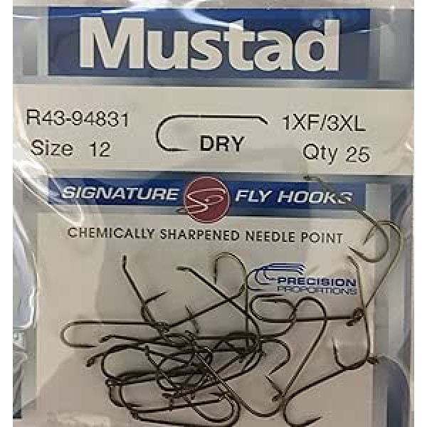 Mustad Trocken Fliegen Haken 94831 1 x F 3 x l geschmiedet Down Eye Angeln Terminal Tackle (25 Pack), Bronze, Größe 12