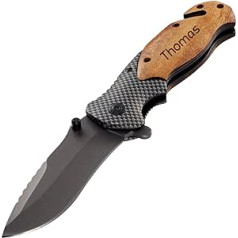 Gifts 24 Outdoor Folding Knife 3-in-1 with Wooden Handle: Engraved with Name of Choice - High Quality Blade with Titanium Trim Extra Sharp - Multifunctional Knife Fixed with Thumb Lock System