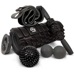 321 STRONG 5 in 1 Foam Roller Set Including Hollow Core Massage Roller with End Caps, Muscle Roller Bar, Stretching Strap, Double Lacrosse Peanut, Spikey Plantar Fasciitis Ball All in Gift Box