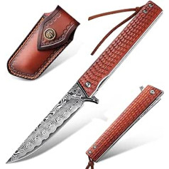 Japaknives Pocket Knife Damask Folding Knife, Sharp One-Handed Knife, EDC Knife for Camping, Fishing, with Wooden Handle & Leather Sheath & Gift Box, Gift for Men and Women