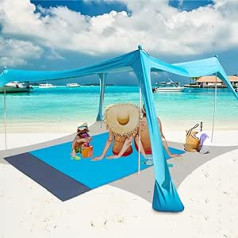 Family Beach Tent with 4 Aluminium Poles, 3 x 3 m, with Ground Mat, UPF 50+ Portable Sun Protection with Reinforced Corners, Outdoor Sun Protection for Beach, Camping Trips, Backyard Fun or Fishing