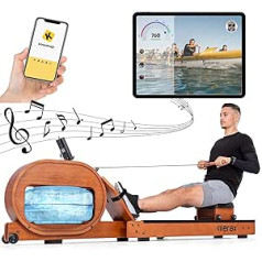 Merax - Water Rowing Machine, Ash Wood Rowing Machine with LCD Monitor, Bluetooth App, Indoor Training Rowing Machine for Home Fitness, Up to 150 kg
