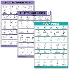 Pilates treniņu plakātu 1. un 2. sējums, jogas pozas — Pilates paklāja darba vingrinājumi — fitnesa diagrammu komplekts (18 x 24, laminēts) 3 iepakojumā