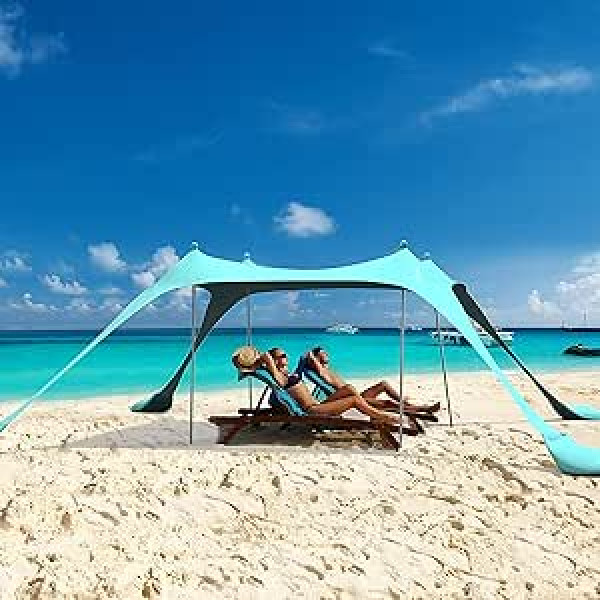 Beach Shelters, Beach Sun Protection, Beach Tent, Sun Canopy, Awning for Beach, Camping, Outdoor with Sandbags and Poles (Blue, 300 cm & 4 Poles)