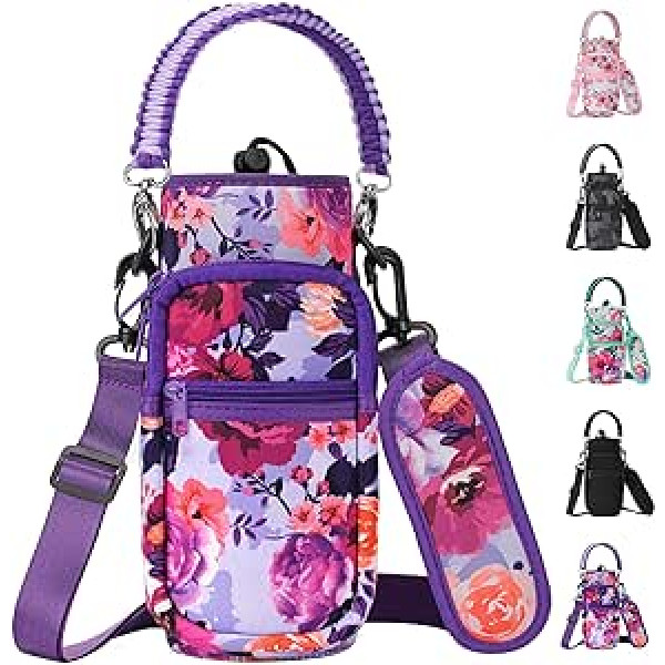 AceTreker 10/12/14/24/33/13oz Neoprene Insulated Water Bottle Carrier Bag with Strap and Paracord Handle and 2 Pockets for Travel Hiking Camping, Purple Peony