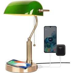 FIRVRE Green Glass Bankers galda lampa Klasiskā galda lampa ar bezvadu uzlādes USB pieslēgvietu Vintage misiņa velkamās ķēdes slēdzis naktsgaldiņa apgaismojums mājas biroja guļamistabai