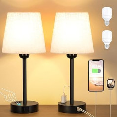 Kakanuo naktslampu pieskāriena regulējams komplekts pa 2, galda lampa ar uzlādes funkciju, USB A+C savienojumi, rozetes, 2 LED spuldzes, lina abažūrs, maza guļamistabas lampa, viesistaba, bērnu istaba, birojs