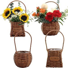 4 Stück Blumenkorb mit Griff, QENUIITEA Imitation Rattan Gewebter Picknickkorb mit Kunststoff Wasserdichtes Futter, Blumenmädchenkörbe für Hochzeit Valentinstag, Aufbewahrungskorb für Wohnkultur