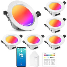 6 x WiFi Bluetooth LED Recessed Spotlights, RGBWC, Dimmable, 5 W, 230 V, Smart LED Recessed Spotlights, Flat Ceiling Spotlights, 16 Million Colours, Sync, Music, Timer, Memory Function, Compatible