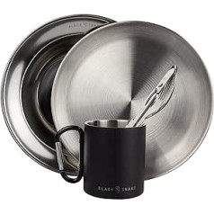 Black Snake® Flat and deep camping picnic plate with cutlery plus carabiner hook cup made of stainless steel