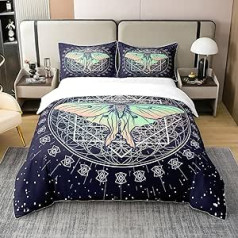100% Organic Cotton Moth Duvet Cover, Gothic Butterfly Bed Linen Set 155 x 220, Sun and Moon Comforter Cover for Teens, Geometric Galaxy Stars Bed Sets with 1 Pillowcase Zip and Ties