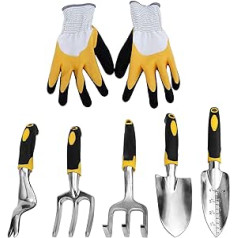 Coolty Pack of 6 Garden Tools with Spatula, Planting Fork, Cultivator, Weedier, Weeding Fork and Gardening Gloves with Heavy Duty Cast Aluminium Heads and Ergonomic Handles