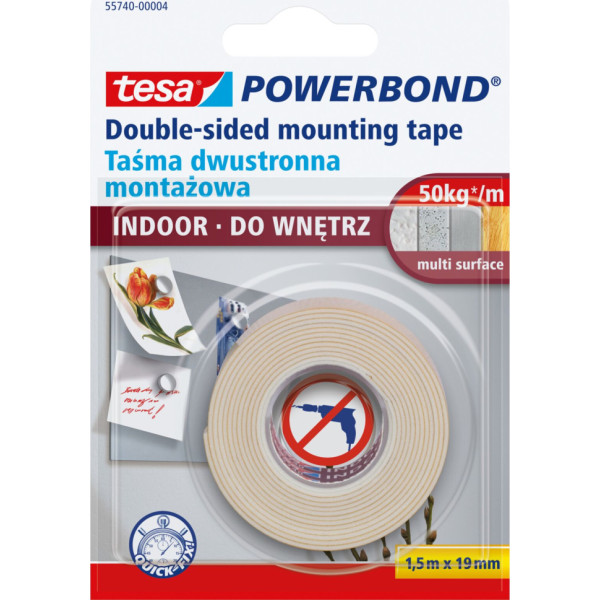 Powerbond mounting tape for interiors 1.5m: 19mm (up to 4.2kg per 10cm)