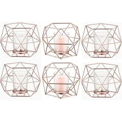 Hewory Tea Light Holder Rose Gold Candle Holder Metal, Set of 6 Geometric Rose Gold Decorative Tea Light Holders Glass Candle Holder Rose Gold for Living Room Decoration Modern Bedroom Decoration