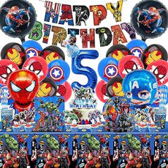 101 Pieces Superhero Party Tableware Birthday Decoration Set Avengers, 5 Years Superhero Party Decoration Supplies, Superhero Decoration Birthday Children Tableware Plates Birthday Hat Tablecloth