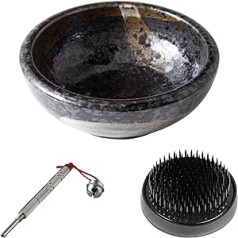 Wazakura Ražots Japānā, Ikebana rīku komplekts iesācējiem Minoyaki Black Flower Vase 61mm Black Kenzan Holder Cleaner (Minoyaki Black Vase, Black Kenzan, Care Tool)