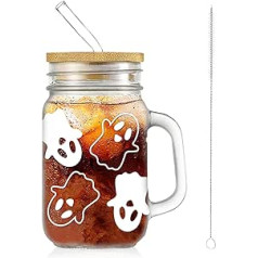 Vaļu Helovīna burkas krūze ar rokturi, 18 unces, Cute Ghost Mason Jar, dzeramās glāzes, Halloween Ghost ledus kafijas krūzes, stikla krūze ar vāku un salmiņi ledus kafijai, tēja