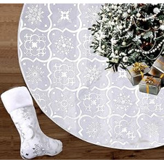 91 cm Christmas Tree Blanket,Christmas Tree Blanket with Christmas Stocking, Christmas Tree Skirt with Snowflake Pattern Christmas Blanket for Christmas, Holiday, Party (White)