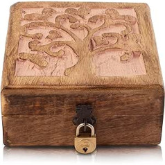 Great Birthday Gift Handmade Decorative Wooden Jewellery Box with Tree of Life Carving & Lock & Key Jewellery Organiser Storage Box Treasure Chest Jewellery Holder (Pink)