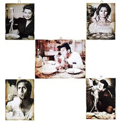 KUSTOM ART 5 attēlu komplekts 6 x 4 Vintage slaveni aktieri (Nedzirdīgie/Celentāns/Lorēna/Totò) — Druka uz koka mēbelēm, restorāns, picērija Trattoria Bar Hotel Locanda