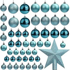 Belle Vous Christmas Baubles (Pack of 50) - Christmas Tree Ornaments, Blue Glitter, Various Sizes with Star Tree Topper - Decoration for Hanging