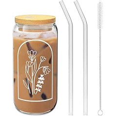 Aesthetic Flower Glass Gifts for Her - 20oz Iced Coffee Cup with Bamboo Lid and Glass Straw Set - Flower Coffee Mug - Cute Flower Can Glass Tumbler with Lid and Straw - Gift Idea