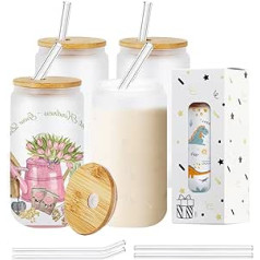 MerryJoy 4 pack sublimācijas stikla sagataves ar bambusa vāku, 16 oz matēta stikla kauss ar vāku un salmiņiem, sublimācijas stikla burka, sublimācijas stikla sagataves ledus kafijai, sulai, dzērieniem, alum