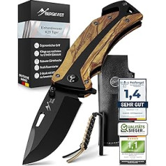 Bergkvist® K29 Tiger / 3-in-1 Folding Knife / Sharp Outdoor Pocket Knife with Wooden Handle / Single Handed Carving Knife with Sharpening Stone, Belt Bag & E-Book [English not Guaranteed]