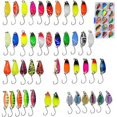 45 Pieces Trout Bait, Fishing Lure, 2g/2.5g/3g/3.2g/3.5g/4.5g/5g, Bait Fish Spoons Trout Set with Storage Box, Spinner Blinker Set for Pike, Zander, Perch