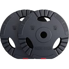 GORILLA SPORTS® Olympia svara šķīvji — viens / komplekts, 1,25 kg, 2,5 kg, 5 kg, 10 kg, 15 kg, 30 kg svari, 50 mm urbums, trīskāršs rokturis, plastmasa — svara šķīvji, olimpiskās šķīvji, svēršanas šķīvju komplekts, Hanteles