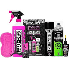 Muc-Off eBike Essentials komplekts — nepieciešamie elementi jūsu e-velosipēda tīrīšanai un aizsardzībai — iekļauts Muc-Off velosipēda tīrīšanas līdzeklis, velosipēda aizsargs un daudz kas cits