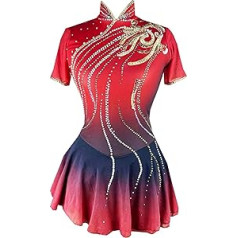 Figure Skating Dress Short Sleeve Women Girls Patchwork High Elastic Training Competition Ice Skating Dress, RED