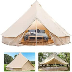 BOCbco Glamping Bell Tent, Portable Foldable Outdoor Waterproof 4 Seasons Family Camping Cotton Round Bell Tent, Large Tent with Mesh Door and Windows, with Stove Hole for Fam