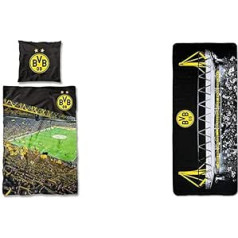 Borussia Dortmund, BVB gultas veļa South Tribune, daudzkrāsains, 1 gabals, 135 x 200 cm un unisex BVB Microvezel rokas dvielis, kokvilna, melns/dzeltens, 75 x 180 cm ES