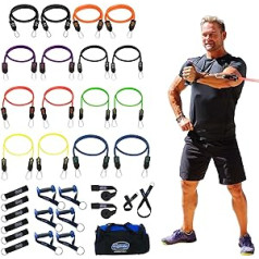 Bodylastics Resistance bands set with patented anti-snap rubber bands, patented clips, improved handles, door anchor, legs, wrist ankle straps, manual and bonus 44 workouts.