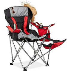 Relaxdays Camping Chair with Footrest, Folding Fishing Chair with Cup Holder & Cool Bag, Up to 150 kg, Black/Red