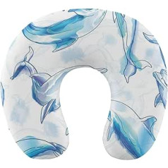 Memory Foam Travel Pillow Watercolor Cute Dolphin Neck Pillow for Daily Sleep, Home, Airplane, Car or Office