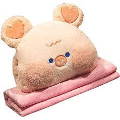 HOHXFYP Reisedecke und Kissen, 3 in 1-Kuscheltier-Plüschkissen Mit Handwärmer-Design, Kawaii-Süßes Wurfkissen-Set für Zuhause, Büro und Reisen(10.6oz-Schwein)