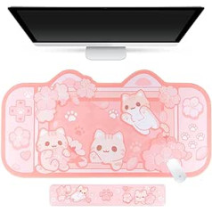 BelugaDesign Sakura Cat galda paklājiņš | NS Switch tastatūras spēļu paklājiņš Liels paklājiņš peles paliktnis | Pasteli rozā Kawaii cute Anime galda paliktņa aizsargs ar gēla plaukstas atbalstu