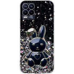 Rnrieyta Miagon Rabbit Stand Case Glitter for Realme 8/8 Pro 4G, Cute Thin Crystal Protective Case Soft Bling Transparent Case Bumper with Heart Rabbit Holder Kick Stand