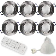 6x LED Recessed Spotlights Stainless Steel Round 5 Watt Cool White Super Flat 12 V MR16 Suitable for Bathroom Outdoor Use IP44-60-70 mm Bore Hole Round Spot