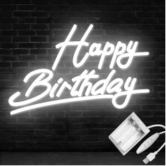 Weiß Happy Birthday Neon Schild, USB-betriebene Neon Sign für Wanddekoration, einstellbare Helligkeit, 