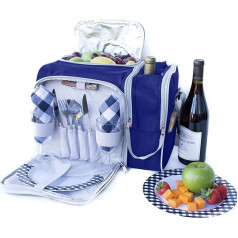 2 personu piknika komplekts Izolēta pārnēsājamā soma ar dzesētāja nodalījumu 2 pudeles, ieskaitot vīna glāzes, šķīvjus, galda piederumus un pilnīgus galda piederumus