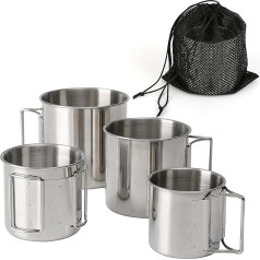 Wulisan Portable Stainless Steel Cups, Camping Mugs, Foldable Cups with Foldable Handle and Mesh Bag for Outdoor Camping Hiking Picnic 4 Piece Set 8oz 11oz 16oz 22oz