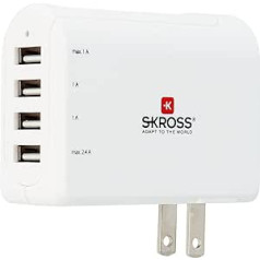 SKROSS Ladegerät mit US-Stecker un 4 USB-ports für leistungsstarkes Laden von gleichzeitig Geräten (Izvade: 5 V / 4,8 A maksimālā), 1 Stück, Weiß, 2,800100